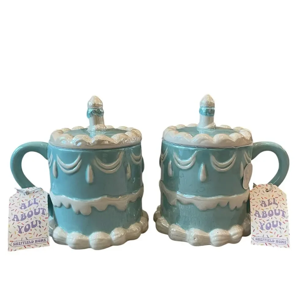 2pc Sheffield Home Hand Painted Blue Happy Birthday Cake Mug with Candle Lid New